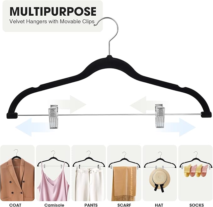 24-Pack Black Velvet Hangers with Clips Adjustable,Adult Hangers,Heavy-Duty,Felt,Non-Slip,Space Saving,Slim Outfit Hanger for Pants, Skirts, Suits,Coats, Dresses ect.