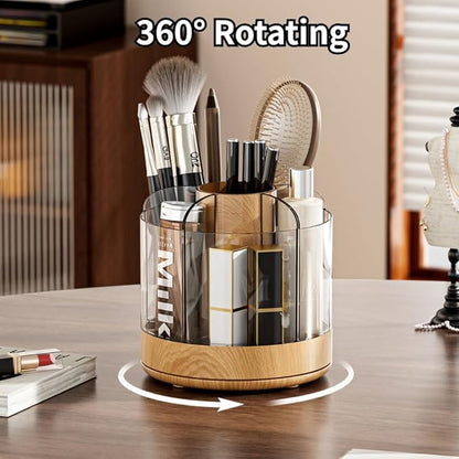 Makeup Brush Holder 360° Rotating 6 Slot Multi-Compartment Storage, Acrylic Spinning Organizer for Cosmetics Nail Polish Combs, Bathroom Vanity Desktop Organizer (Dark Woodgrain)