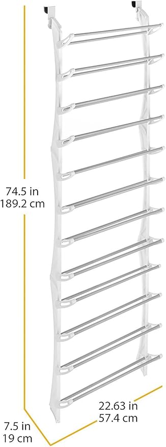 Whitmor Over the Door Shoe Rack, Fold-up Non-slip Bars, 36 Pair, White