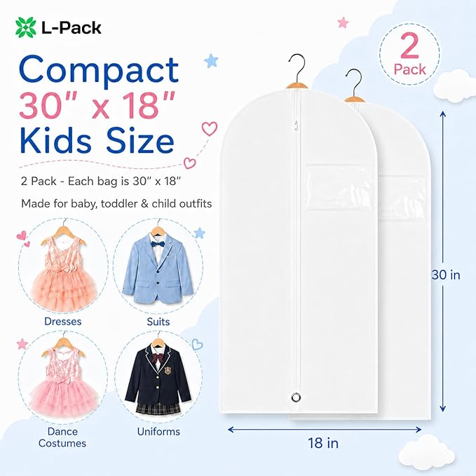 Kids Garment Bag 2 Pack for Hanging Clothes, Travel Garment Bags for Dresses, Dance Costumes & Suits, Breathable Clothes Cover for Baby Toddler Child,White, 30" x 18"