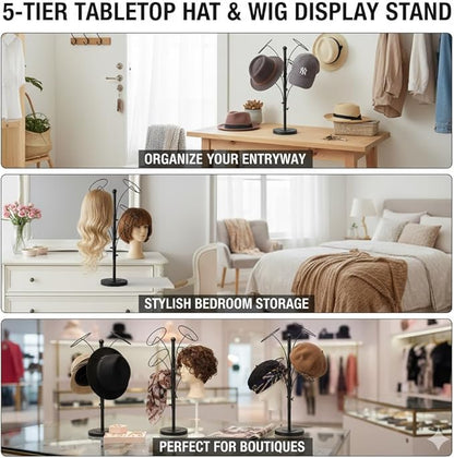 DYRABREST 5 Round Hooks Hat Stand, 28" H Metal Hats and Wigs Display Rack with Adjustable Height, Baseball Cap Organizer Headwear Rack for Home Closet Retail Store (Black, 5 Hooks)