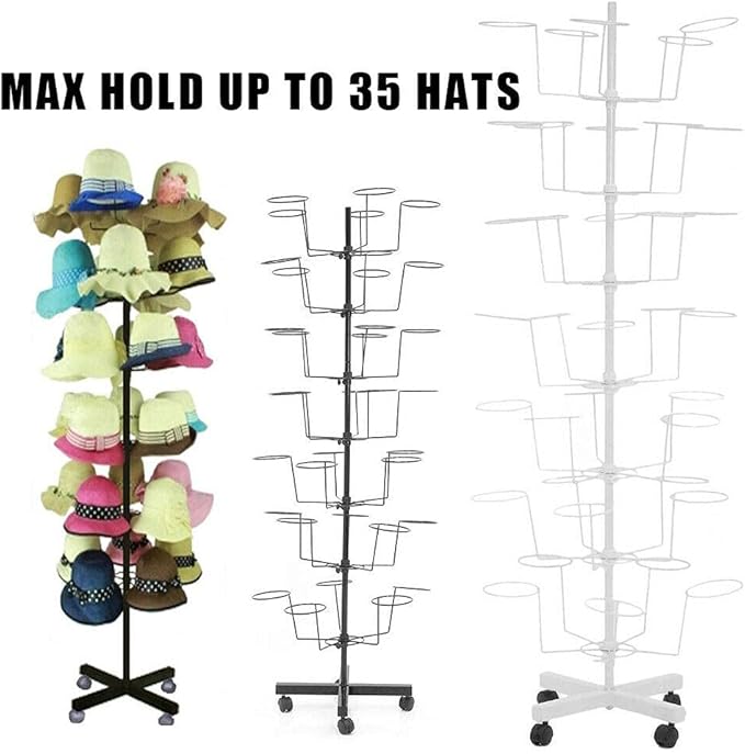 7 Tier Hat Display Metal Stand 35 Holders Cap Display Rotating Rack w/ 4 Wheels (White)
