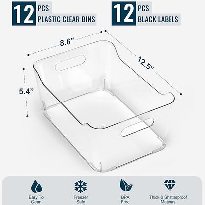 12 PACK Multi-Use Clear Plastic Storage Bins for Organizing w/ Labels - Home, Kitchen, Pantry, Bathroom, Office, Cabinet Shelf Organizer Bins - SOHO Collection, RV, Fridge Organization Containers -XL