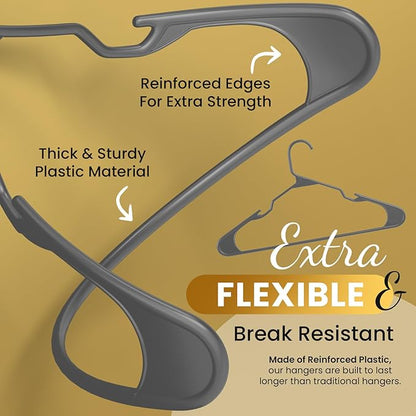 Our Modern Space 100 Pack Plastic Hanger for Shirt Pants Coats Dresses Skirts Suits Jackets - Standard Thick Coat Hanger - Sturdy & Durable Design with Shoulder Grooves Hook - Grey