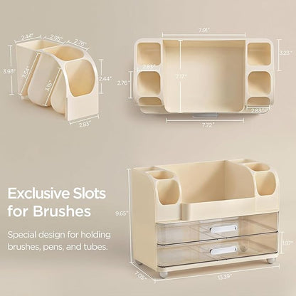Makeup Organizer with Drawers for Vanity,Bathroom Countertop Organizer with Brushes Holder,Skincare Storage Organizer for Lipsticks,Nail Polishes, Perfumes,Eyeshadow Palettes (Cream)