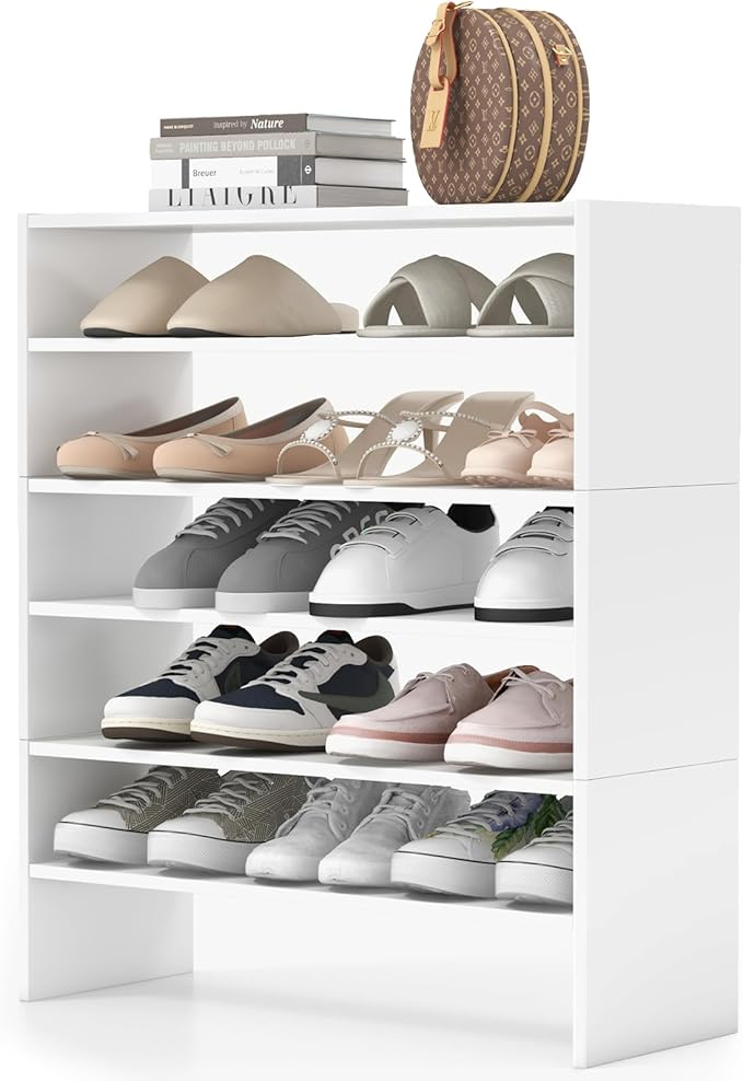 6-Tier Stackable Shoe Rack, Multi-Functional 3 Pcs Shoe Storage Shelves for Closet, 31 Inch Wide Shoe Organizer with Anti-Tipping Device, Ideal for Entryway Bedroom Living Room, White