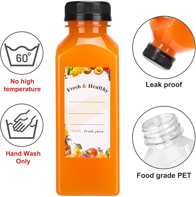 Moretoes 144pcs 12oz Plastic Juice Bottles with Lids, Reusable Clear Bulk Juice Containers for Juicing, Smoothies, Drinking and Other Beverages