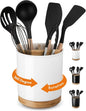 LoeJan 3 Compartment Utensil Holder, Extra Large Utensil Crock, Stable Ceramic Utensil Organizer, Cooking Tool Organizer Set for Kitchen Counter Farmhouse Decor (C-White(Grossy))