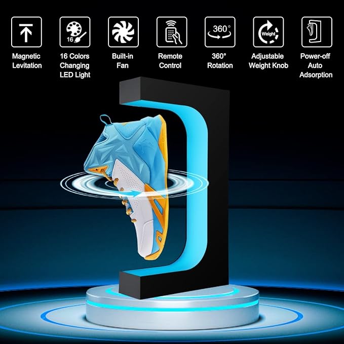 UVEHAS Levitating Shoe Display Stand, Floating Sneaker Stand with Remote 16 Colors LED Light Rotating Magnetic Levitation Shoe Rack for Home Decor Store Advertising Exhibition Shoes Collectors