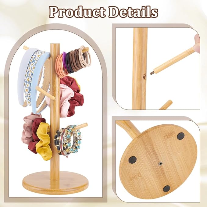 PH PandaHall Wooden Scrunchie Holder Hair Tie Headband Storage Organizer Portable Watch Holder 6 Branches Bracelet Jewellery Dresser Display Stand for Home Bedroom Housewarming Gift 14x6.3