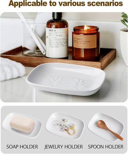 Ceramic Soap Dish for Bathroom and Kitchen, Non-Slip Bar Soap Holder with Fast Drain Design, Soap Saver Tray for Sink, White