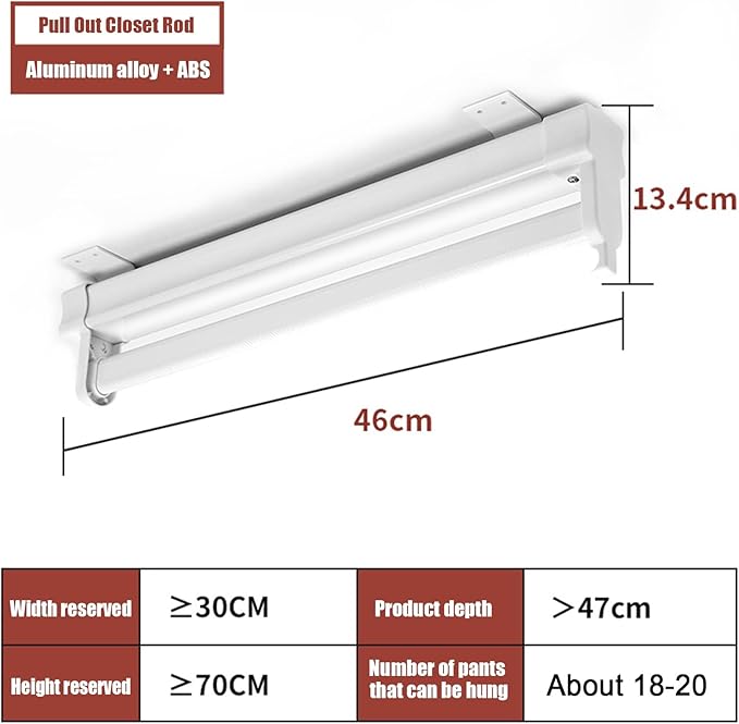 Heavy Duty Retractable Pull Out Pants Rack,Aluminum Alloy Pull Out Closet Valet Rod,Extendable Wardrobe Rail Tube for Hanging Clothes, Top Mount (Color : White, Battery *1 : 46cm)