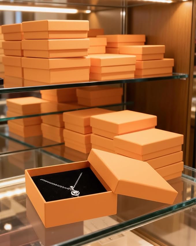 Rocutus Jewelry Gift Boxes for Necklace, Earring, Ring - Cotton Filled Cardboard Paper Jewelry Box Gift Cases for Wedding, 12 Pack Engagement, Gift Packaging, Luxury Jewelry Box, Ring Box (Orange)