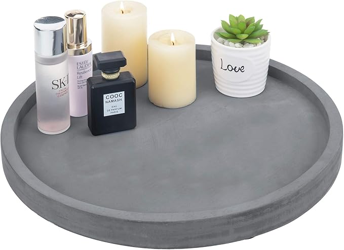 MyGift 16 Inch Round Gray Concrete Decorative Tray for Bathroom Vanity Counter, Living Room Coffee Table or Ottoman, Kitchen Countertop Decor, Candle Holder