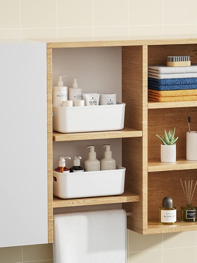 White Plastic Bins / Storage Organizers - Pantry Baskets, Bins for Shelves, Organizer and Storage for Bathroom, Bedrooms, Kitchens and More - Small Size (3 Pack)