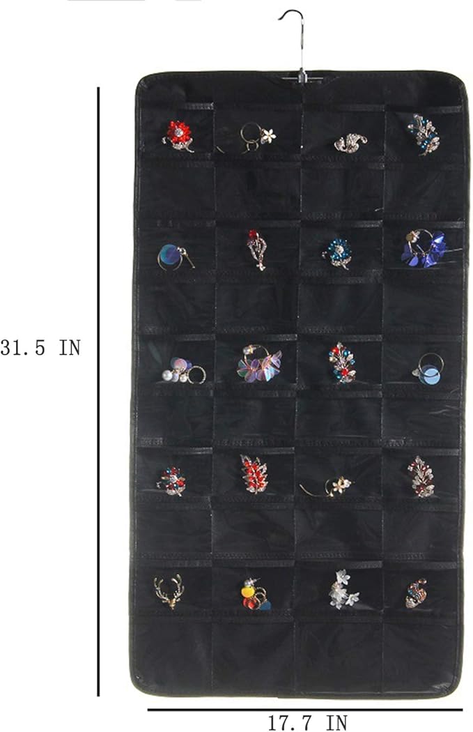 seven wolves Hanging Jewelry Organizer with Rotating Hanger Dual Sides 40 Pockets Accessories Storage for Holding Jewellery, Black