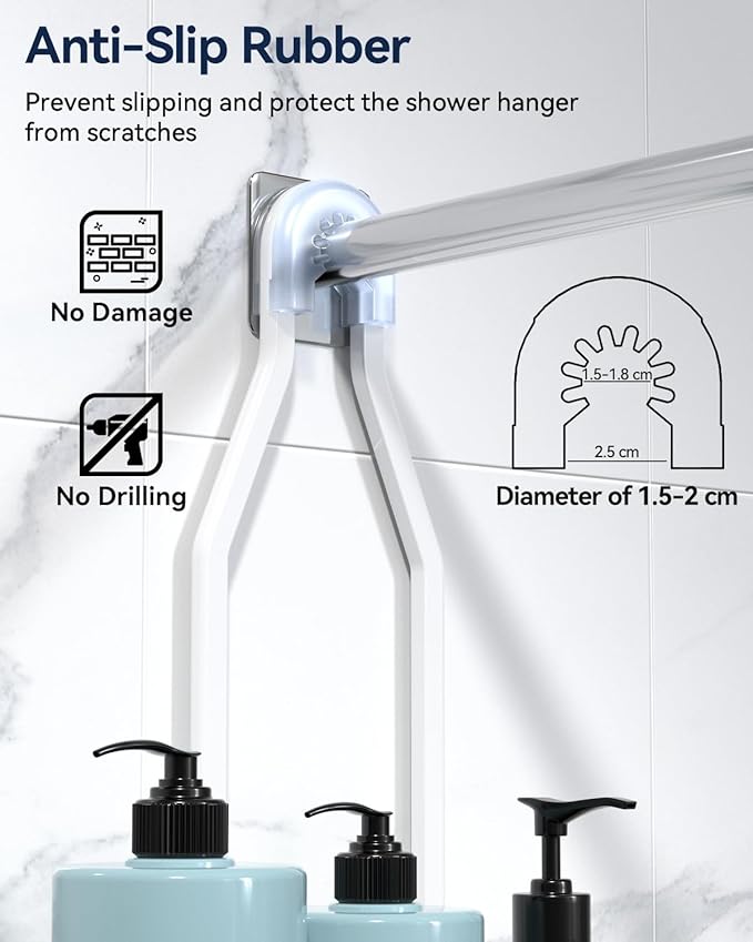 YASONIC Never-Rust Aluminum Hanging Shower Caddy – Over-the-Showerhead Organizer with 10 Hooks for Razor and Sponge – Includes Soap Basket – White