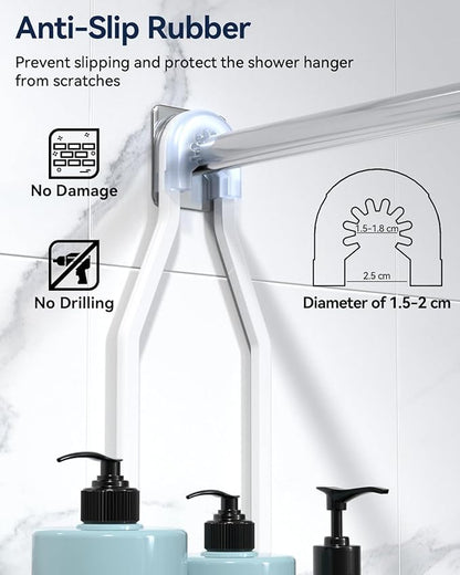 YASONIC Never-Rust Aluminum Hanging Shower Caddy – Over-the-Showerhead Organizer with 10 Hooks for Razor and Sponge – Includes Soap Basket – White