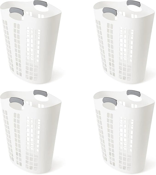Gracious Living Easy Carry Flex Hamper, Large 87.5 Liter Lightweight Plastic Ventilated Laundry Basket Clothes Bin with Handles, White (4 Pack)