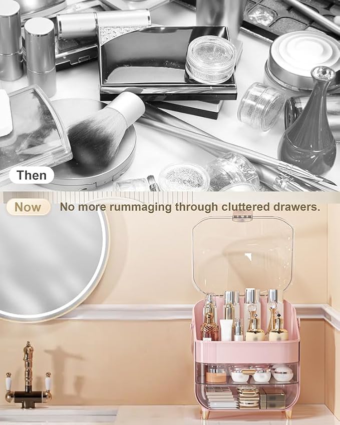 Makeup Organizer Countertop, Skincare Holder Bathroom Counter Organizer, Storage Box Cosmetic Display Cases, Teen Girl Gifts Make up Organizers for Vanity, Dresser (Pink)