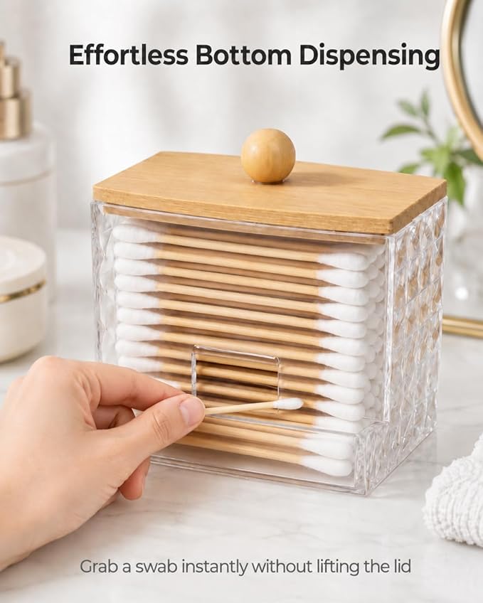Diamond Pattern Cotton Swab Holder with Bamboo Lid - Clear Bathroom Vanity Organizer, Shatterproof U-Slot Swab Dispenser, Apothecary Jar for Cotton Swabs & Countertop Storage