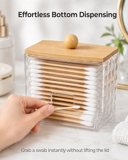 Diamond Pattern Cotton Swab Holder with Bamboo Lid - Clear Bathroom Vanity Organizer, Shatterproof U-Slot Swab Dispenser, Apothecary Jar for Cotton Swabs & Countertop Storage