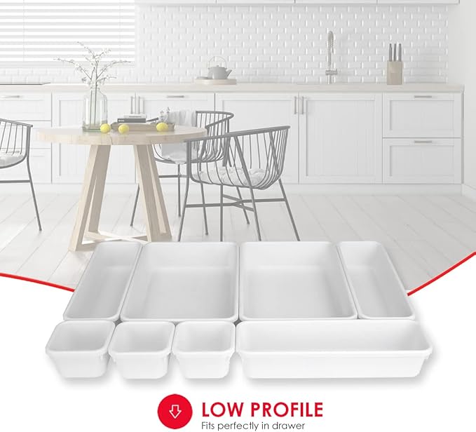 Home Basics 8 Piece Kitchen, Adjustable and Customizable Multi-Drawer Divider Organizer Set Multipurpose Use White