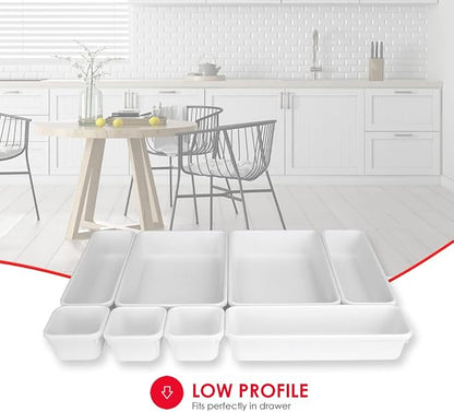 Home Basics 8 Piece Kitchen, Adjustable and Customizable Multi-Drawer Divider Organizer Set Multipurpose Use White