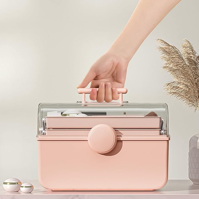 WMM Makeup Storage Organizer, Large Capacity Makeup Organizer with Transparent Visual Cover, Handle 3 Layers Portable Cosmetic Storage Box Easily Organize Your Cosmetics, Jewelry and Hair Accessories