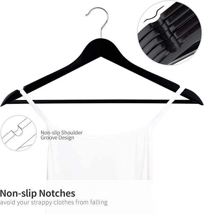 Solid Wooden Hangers 30 Pack, Wood Suit Hangers with Extra Smooth Finish, Precisely Cut Notches & Chrome Swivel Hook, Wooden Clothes Hangers for Shirt Coat Jacket Dress, Black