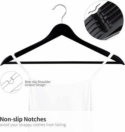 Solid Wooden Hangers 20 Pack, Wood Suit Hangers with Extra Smooth Finish, Precisely Cut Notches and Chrome Swivel Hook, Wooden Clothes Hangers for Shirt Coat Jacket Dress, Black