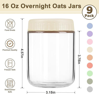 Overnight Oats Containers with Lids, 16oz Wide Mouth Mason Jars with Lids, 9 Pack Glass Jars with Airtight lid for Chia Pudding Yogurt Salad, Meal Prer Oatmeal Jars, Yellow