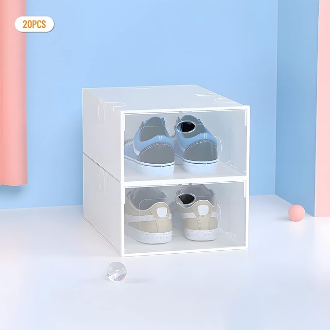 20 PCS Shoe Storage Boxes,Clear Plastic Clamshell Shoebox Stackable Shoe Organizer Foldable Display Box Container Closet Shelf Display Case Ventilation