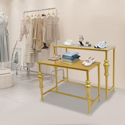 Industrial Retail Display Tables, Set of 2 Standing Clothing Shoes Display Rack Boutique Display Table Storage Shelves for Retail Store, Hotel, office. (Gold)