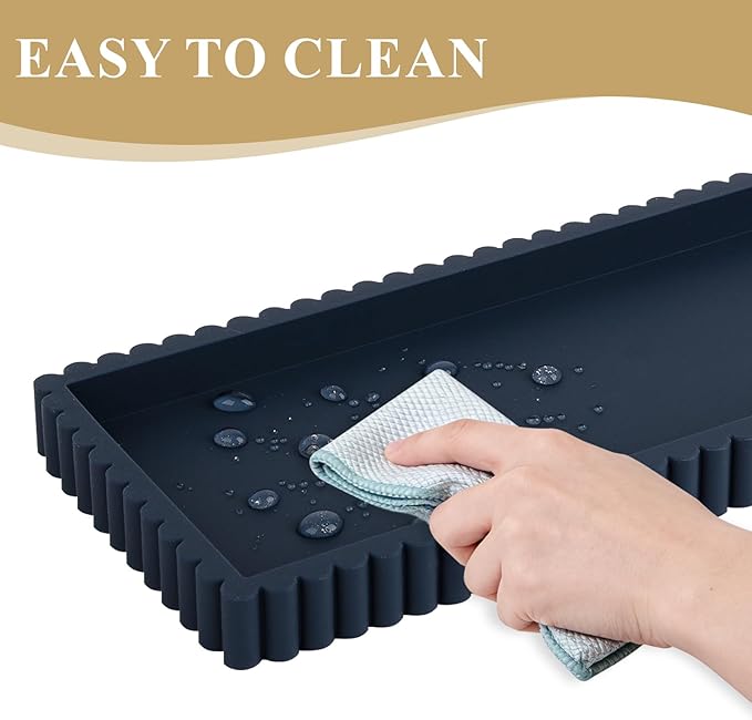 Silicone Bathroom Tray Small Vanity Organizer Rectangle Sink Caddy Sponge Holder Kitchen Counter Decor for Dish Soap, Perfume, Candle, Dark Blue