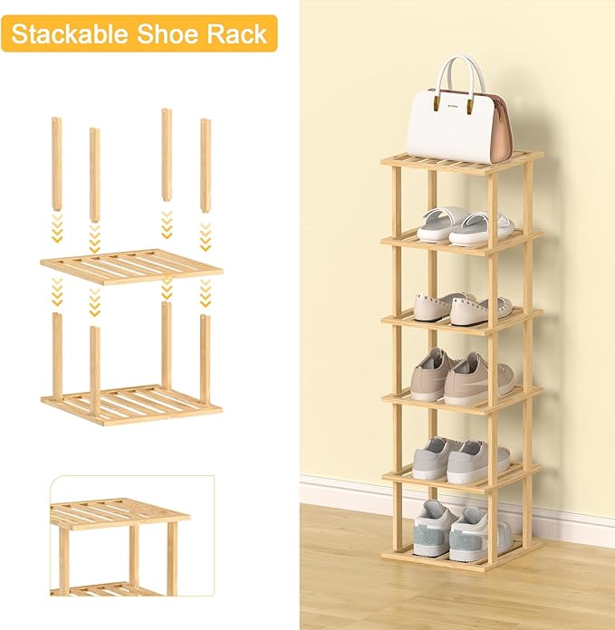 SHIISEWE Bamboo Shoe Rack - Vertical Skinny Shoe Shelf Space Saving Storage, Front Door Entrance Closet Corner Garage