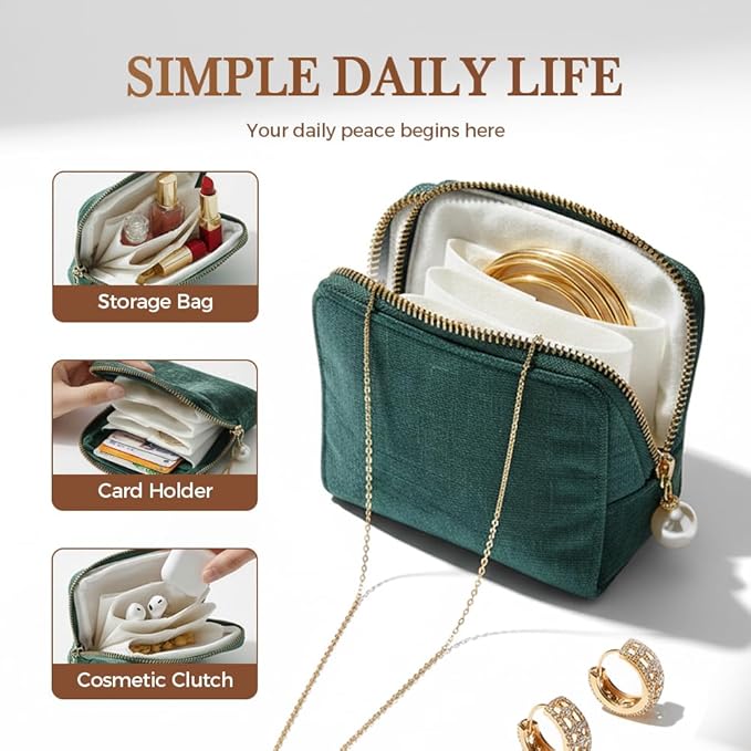 Travel Jewelry Case, Small Velvet Jewelry Pouch Bag with Zipper, Mini Portable Organizer for Earrings Rings Necklaces, Anti-Scratch Portable Storage Bag (Yellow-Green)