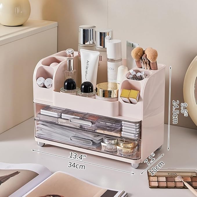 Extra Large Makeup Organizer with 2 Wide Drawers Divided Top Compartment, Spacious Cosmetic Display Case, 4 Colors Skincare Storage box for Vanity and Countertop (Pink)