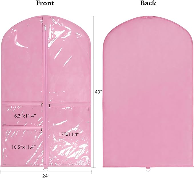 Univivi Dance Costume Bags Garment Bag 40 Inch Hanging Clothes for Dance Competitions, with 3 Medium Clear Zipper Pockets for Dance Costumes, Closet Storage (Pink) - 4 Pack