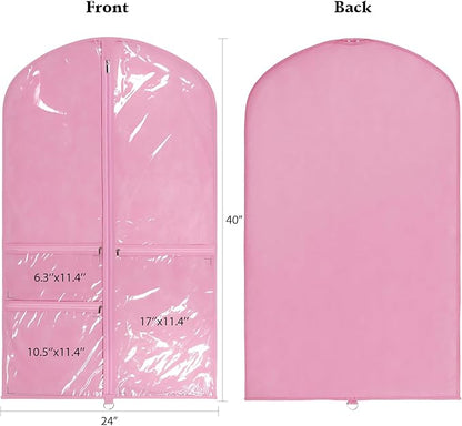 Univivi Dance Costume Bags Garment Bag 40 Inch Hanging Clothes for Dance Competitions, with 3 Medium Clear Zipper Pockets for Dance Costumes, Closet Storage (Pink) - 4 Pack