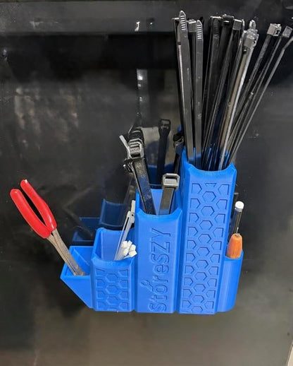 ZipStation Pro Zip Tie Organizer – 3 Tier Holder with Cutter Slot & Pen Storage – Magnetic Toolbox Organizer (Blue)