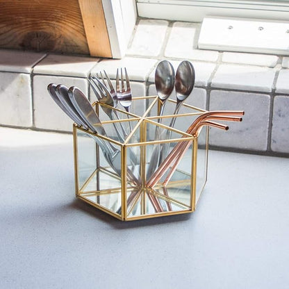Isaac Jacobs 6-Compartment Rotating Makeup Brush Holder, 360 Degree Acrylic Carousel, Vintage Style Brass and Glass Organizer, Storage Solution with Mirror Base for Makeup, Kitchen, Crafts, & More