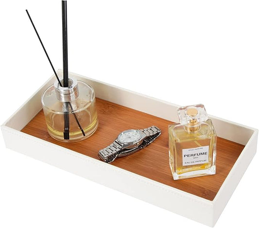 J JACKCUBE DESIGN Leather Bamboo Vanity Tray, Bathroom Organizer, Catch All Valet Tray for Women Perfume, Jewelry, Makeup, Candles, Key, Phone, Sunglasses (White)- MK205B