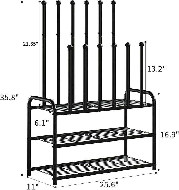 Kitsanery Shoe Rack - 3-Tier Metal Boot Rack Organizer for Entryway, Closet & Garage, Free Standing Shoe Shelf for Storage Tall Boots, Sneakers, Cowboy Boots, Black (Medium - 6 Pairs)