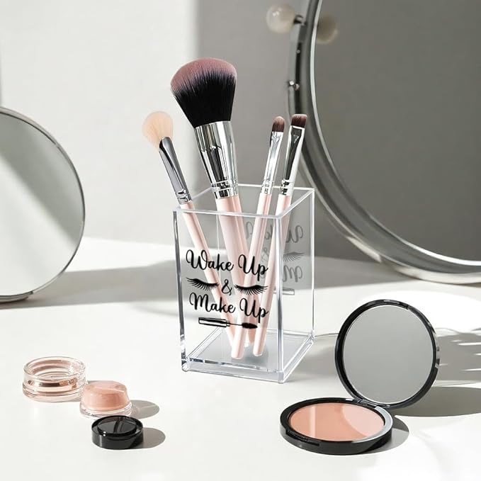 Wake Up And Make Up Acrylic Makeup Brush Organizer Holder, Beauty Student Pen Holder Cup, Motivational Morning Gifts for Women Makeup Lover, Beauty Gifts for Her Beautician Sister Friend