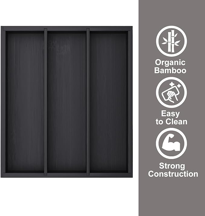 Fibogollo Silverware Organizer Bamboo Kitchen Drawer Organizer, Flatware Organizer Tray for Kitchen, Flatware, Utensils（Black）