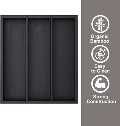 Fibogollo Silverware Organizer Bamboo Kitchen Drawer Organizer, Flatware Organizer Tray for Kitchen, Flatware, Utensils（Black）