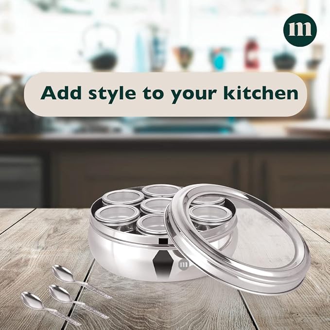 MARU 7 In 1 Stainless Steel Belly Shape Masala Box, Masala Dabba For Kitchen, Spice Box, Masala Dani With See Through Lid 7 Containers And 3 Spoons (Size 11, 18.5Cm) Silver