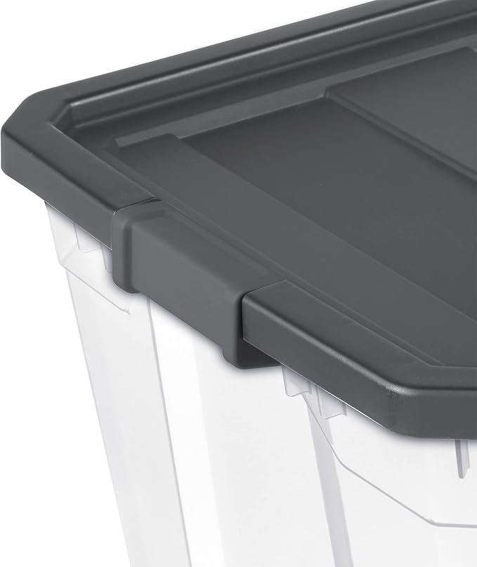 Sterilite 200 Quart Clear Plastic Modular Stacker Storage Bin Tote Container with Latching Lid, Clear Base, and Textured Sure-Grip Surface, Flat Grey