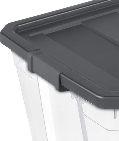 Sterilite 200 Quart Clear Plastic Modular Stacker Storage Bin Tote Container with Latching Lid, Clear Base, and Textured Sure-Grip Surface, Flat Grey